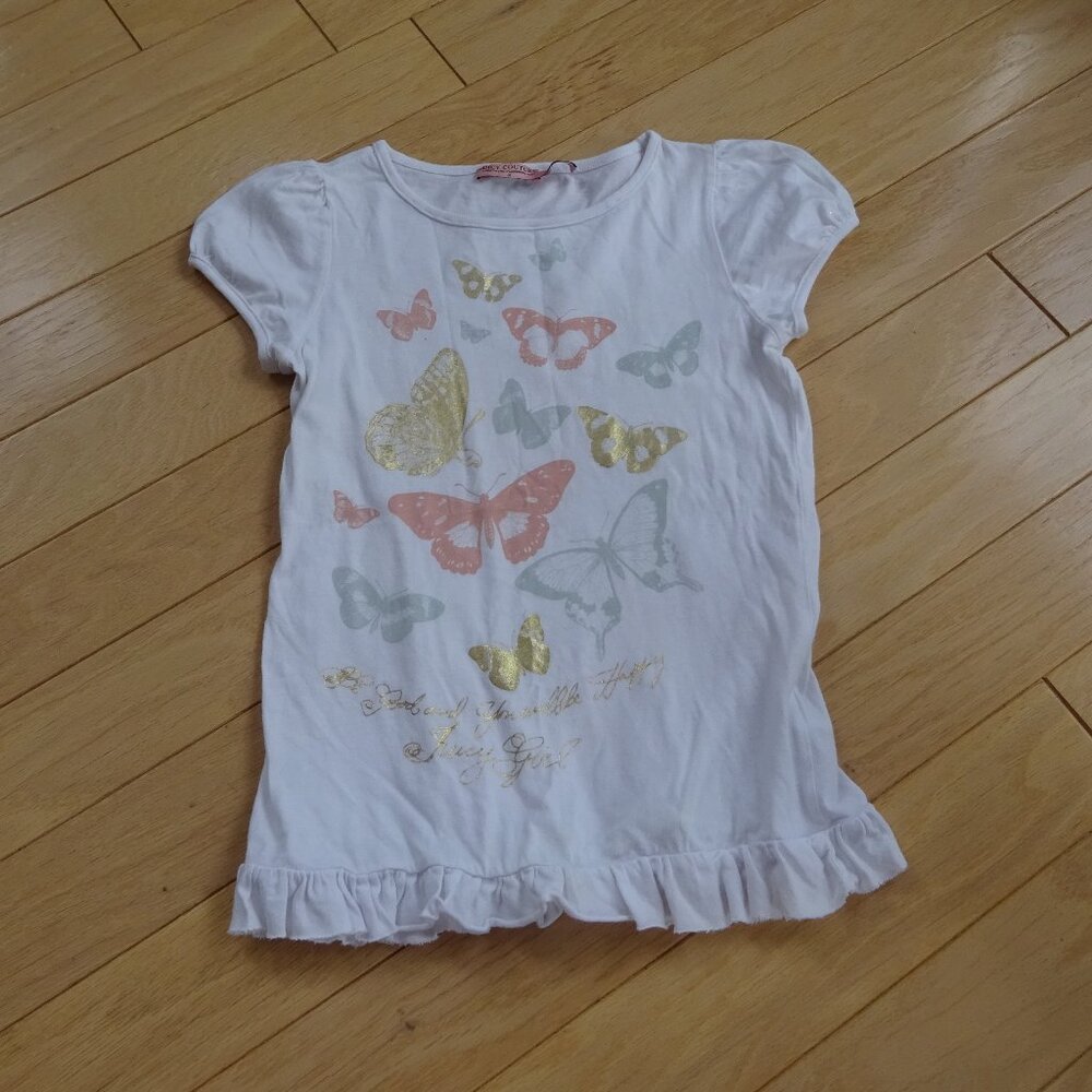JUICY COUTURE  GIRLS TEE BUTTERFLIES GRAPHIC GOLD FOIL HEM RUFFLE 10 made in USA